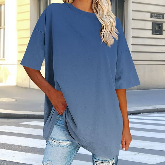 VgaVtl Short Sleeve Womens Plus Size Tee Shirts Summer Women's Plus Size Tops Gradient Print Loose Holiday Fitness Shirts,Blue M