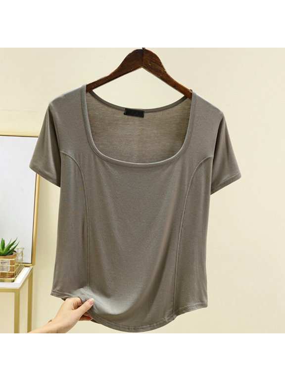 Short Sleeve Womens Plus Tshirts Square Neckline Cotton Ladies Plus Size Tops Single Loose Yoga Vacation Shirts,Gray M