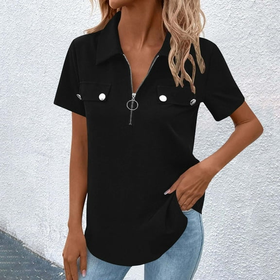 VgaVtl Short Sleeve Womens Shirts Collared Polo Juniors Tops Casual Holiday Zipper Solid Color Loose Tops,Black XL