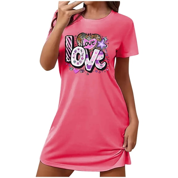 VgaVtl Short Sleeve Womens Sleep Shirts Plus Size Pink Womens Sleepwear Plus Size Comfy Funny Valentines Day Print Nightgowns