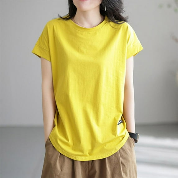 VgaVtl Short Sleeve Womens T Shirts Summer Shirts for Juniors Leisure Basic Solid Color Relaxed Fit Everyday Tops,Yellow 3XL
