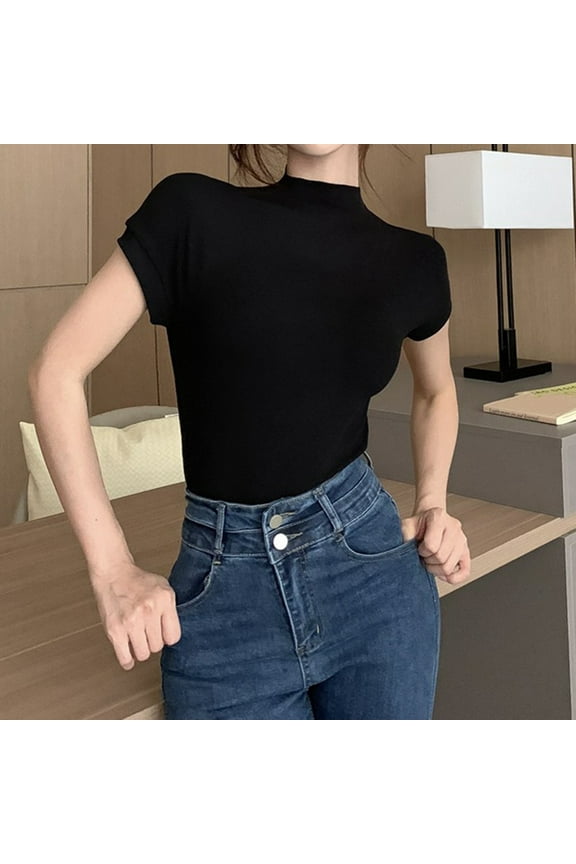 Short Sleeve Womens Tee Shirts Plus Size Turtleneck Ladies Plus Size Tops Layering Tight Plain Basic Shirts,Black XXL