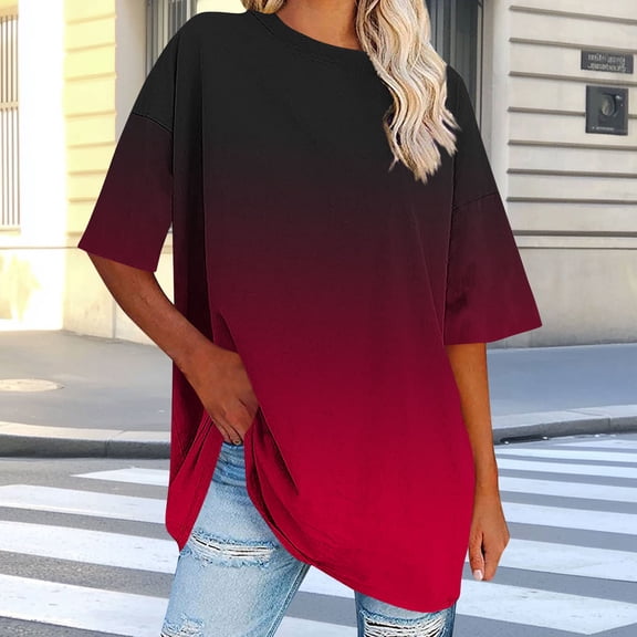 VgaVtl Short Sleeve Womens Tshirts Summer Juniors Topss Gradient Print Casual Holiday Elegant Fitness Active Fit Shirts,Red M