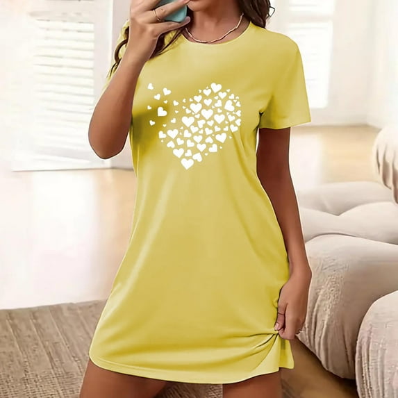 VgaVtl Short Womens Sleep Shirts Under $10.00 Yellow Short Sleeve Women's Nightgowns Plus Print Sleepwear