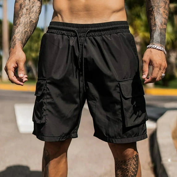 VgaVtl Shorts for Men Cargo Athletic Plus Size Mens Shorts Loose Pockets Muscle Plain Leisure Shorts,Black L