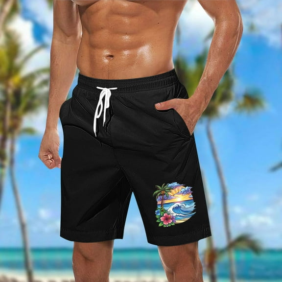 VgaVtl Shorts for Men Sports Plus Size Mens Shorts Drawstring Graphic Hawaii Casual Regular Shorts,Black M