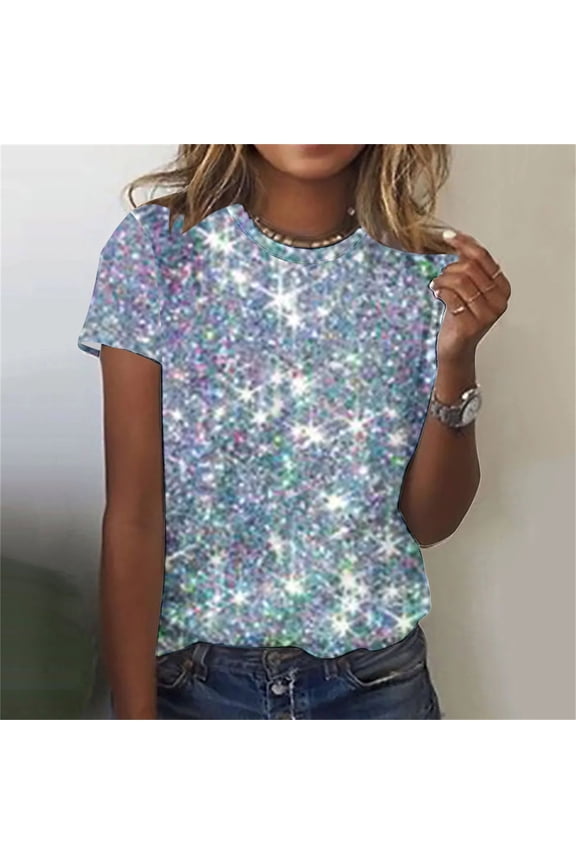 Silver Ladies Tops Short Sleeve Crew Neck T-Shirt Print Casual Loose Tops