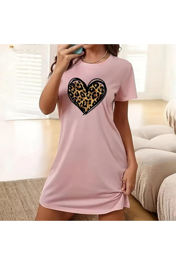 Sleep Shirts for Women Plus Pink Night Shirts for Women Sleepwear Cute Leopard Print Heart-shaped Nightgowns
