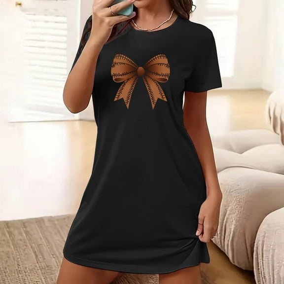 VgaVtl Sleep Shirts for Women Plus Short Sleeve Black Women's Sleepwear Comfy Holiday Bow Print Loose Nightgowns