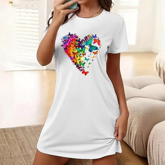 VgaVtl Sleep Shirts for Women Plus White Short Sleeve Short Womens Nightgown Print Sleepwear
