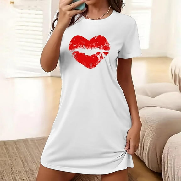 VgaVtl Sleep Shirts for Women Plus White Short Sleeve Women's Nightgowns Plus Love Print Holiday Relaxed Fit Soft Nightgowns