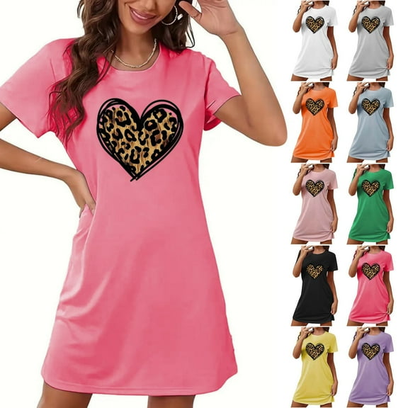 VgaVtl Sleepshirt for Women Pink Short Sleeve Womens Sleepwear Plus Size Loose Cute Leopard Print Heart-shaped Nightgowns
