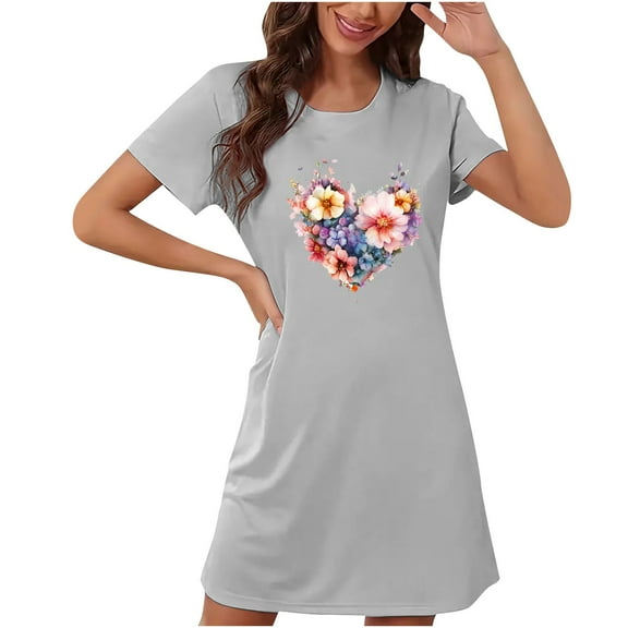 VgaVtl Sleepshirt for Women Short Sleeve Gray Sleepwear for Women Breathable Floral Relaxed Fit Casual Nightgowns