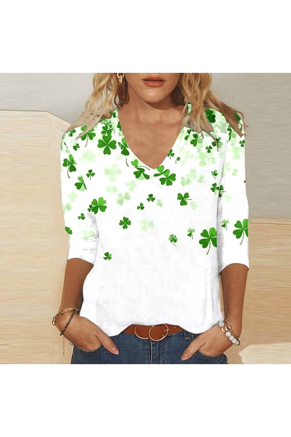 St Patrick Day Shirts for Women 3/4 Sleeve V-Neck T-Shirt Women Casual Workout Regular Shamrock Classic Tops,L