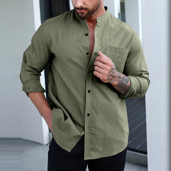 VgaVtl Standing Collar Long Sleeve Shirt Men Cotton Mens Clothes Shirts Loose Button Big and Tall Pocket Green Leisure Shirts,S