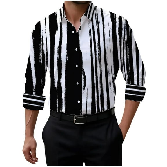 VgaVtl Standing Collar Mens Long Sleeve Shirts Button up Dress Shirts Mens Tops Loose Striped White Cardigan Business Shirts