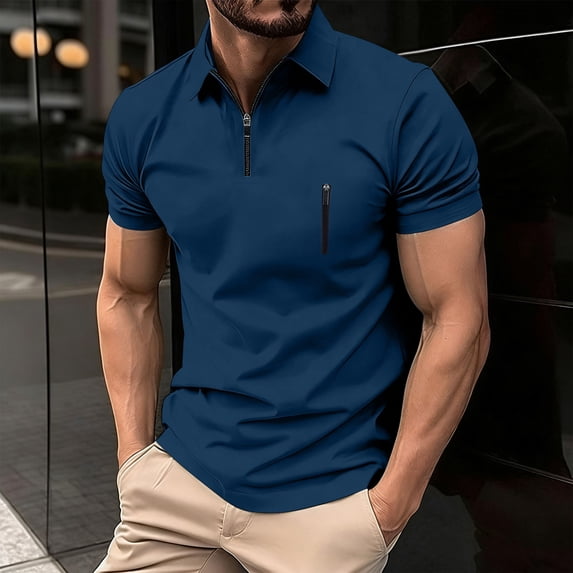 VgaVtl Summer Men's Polo Muscle Short Sleeve Collared Shirts for Men Plain Blue Casual Zip-Up Loose Athletic Shirts