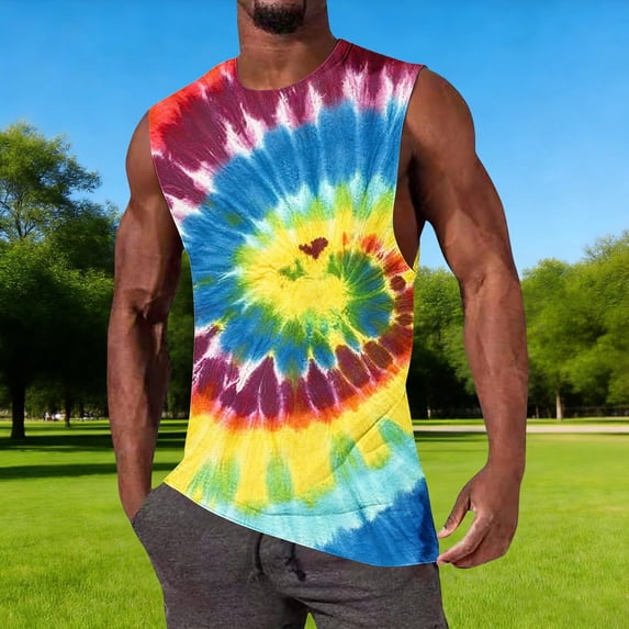 VgaVtl Summer Mens Tank Tops Big and Tall Sleeveless Mens Clothes Holiday Tie-Dye Loose Purple Casual Gym Tops