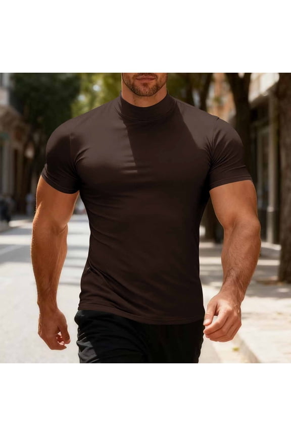Summer Mens Tee Shirts Big and Tall Short Sleeve Shirts for Men Brown Layering Workout Plain High Neck Tops