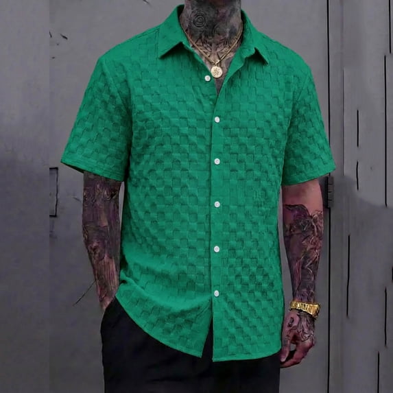 VgaVtl Summer Mens Turn Down Collar Shirts Beach Short Sleeve Mens Tops Leisure Vacation Button Plain