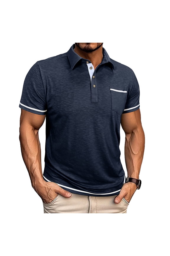 Summer Polo for Men Short Sleeve Big and Tall Shirts for Men Solid Color Button Casual Blue with Pocket Shirts