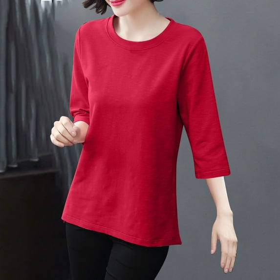 VgaVtl Summer T Shirts for Women Plus Size Elbow-Length Womans Tops Regular Basic Sports Casual Solid Color Workout Shirts,Red L