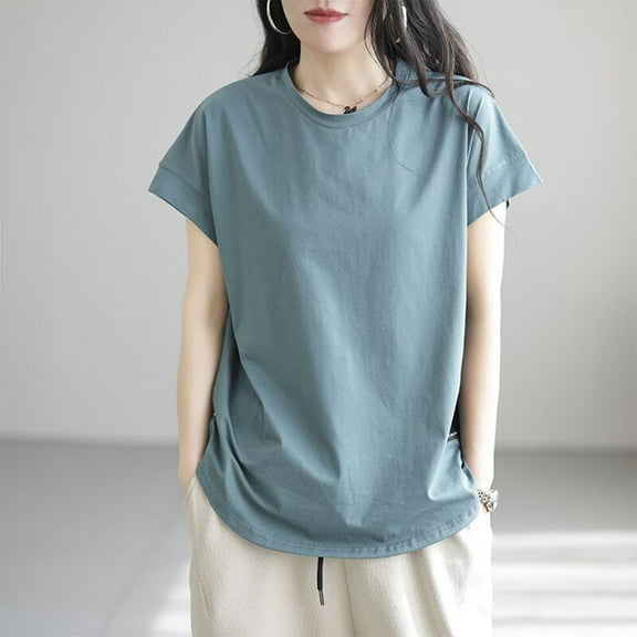 VgaVtl Summer T Shirts for Women Trendy Short Sleeve Women's Plus Size Tops Leisure Relaxed Fit Basic Solid Color Tops,Blue M