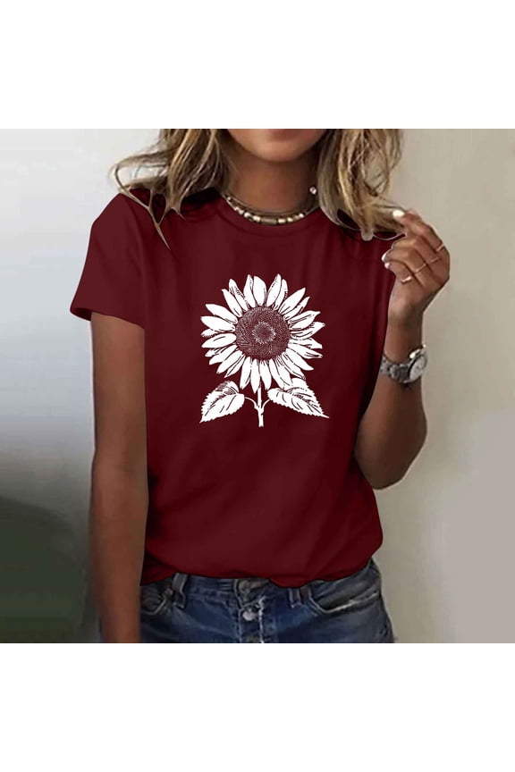 Summer Tee Shirts for Women Plus Size Short Sleeve Shirts for Juniors Relaxed Fit Sports Casual Daytime Floral Tops,Red L