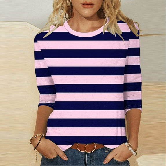 VgaVtl Summer Womens T Shirt 3/4 Sleeve Women Shirts Bottoming Workout Regular Color Block Cute Casual Shirts,Purple 3XL