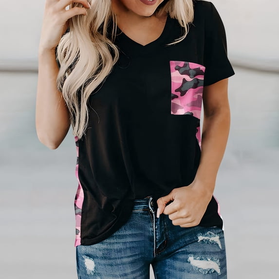 VgaVtl T-Shirt Women Camouflage Short Sleeve Tops for Women Plus Size Leisure Patchwork Lightweight Relaxed Fit Beach Tops,S