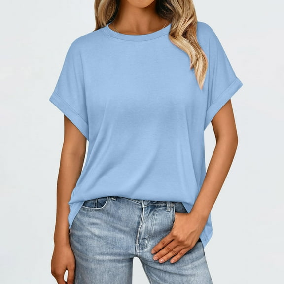 VgaVtl T Shirt Women Short Sleeve Summer Women's Plus Size Tops Solid Color Layering Basic Relaxed Fit Casual Shirts,Blue XL