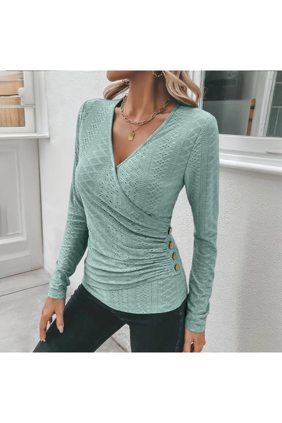 T Shirt Women V-Neck Long Sleeve Tunic Tops for Women Casual Green Solid Slim Layering Shirts,XXL
