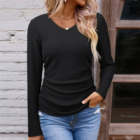 VgaVtl T Shirt Women V-Neck Long Sleeve Womens Tops Plus Size Plain Layering Casual Black Slim Basic Shirts,S