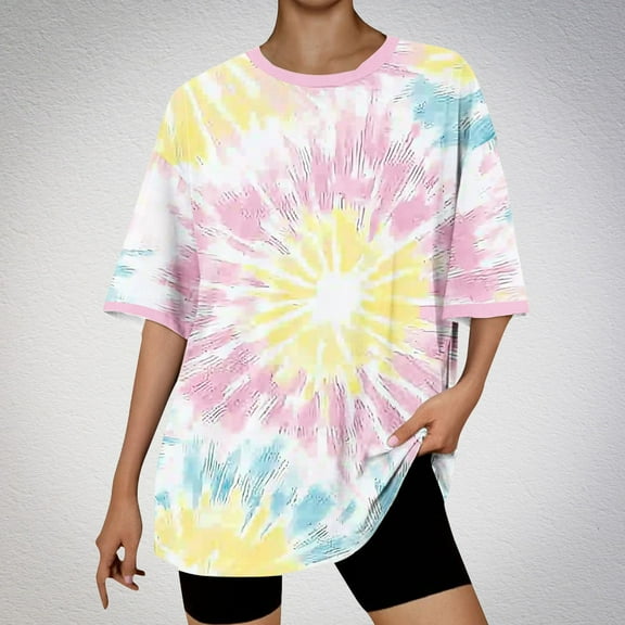 VgaVtl T-Shirt for Women Summer Short Sleeve Juniors Shirts Vacation Workout Fancy Leisure Oversized Tie-Dye Tops,Yellow XL
