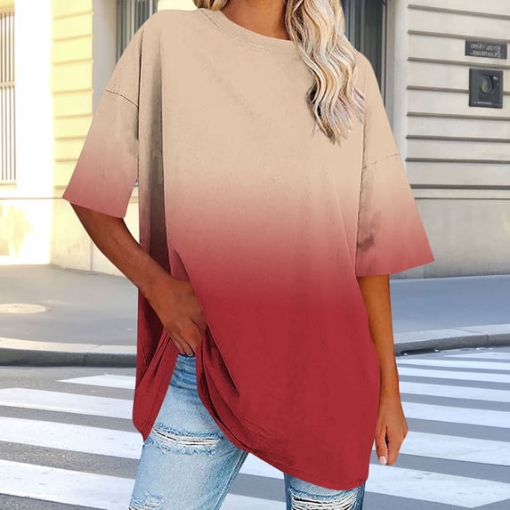 VgaVtl T-Shirt for Women Summer Short Sleeve Ladies Plus Size Tops Loose Fitness Holiday Gradient Print Elegant Shirts,Orange 5XL