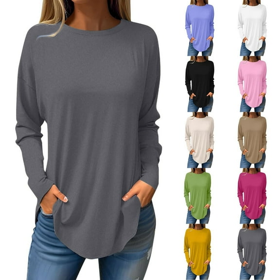 VgaVtl T Shirts Women Basic Long Sleeve Womens Plus Size Tops Soft Relaxed Fit Solid Color Gray Casual Beach Tops