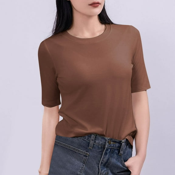 VgaVtl T Shirts Women Elbow-Length Cotton Plus Size Tops Women Slim Leisure Bottoming Stretch Daytime Single Shirts,Brown M