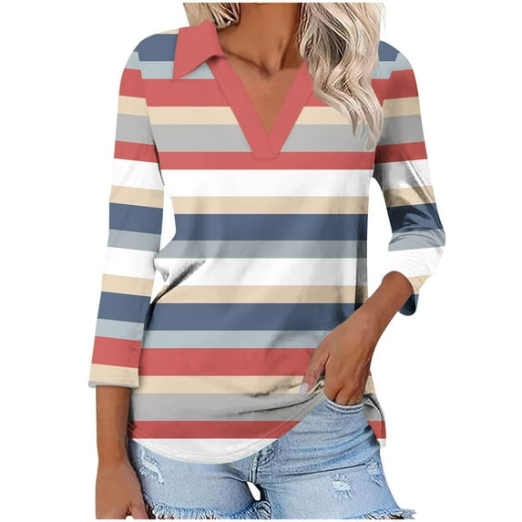 VgaVtl T Shirts Women V-Neck 3/4 Sleeve Ladies Tops Color Block Polo Regular Casual Pullover Daytime Shirts,Pink XXL