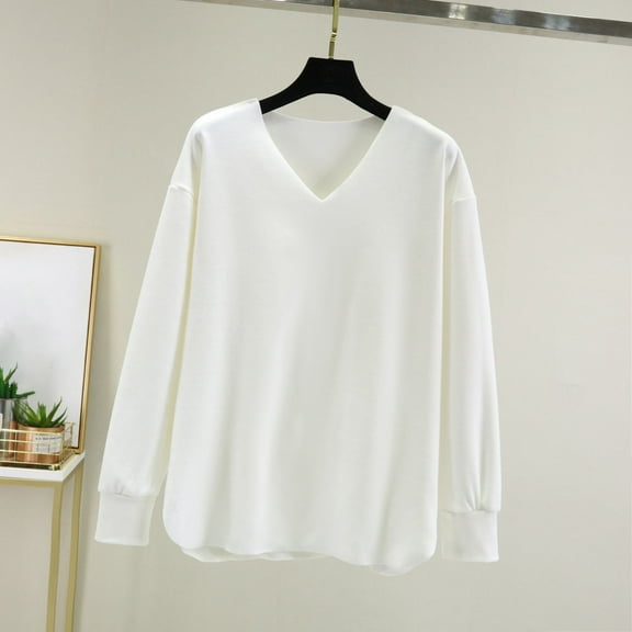 VgaVtl T-Shirts Women V-Neck Long Sleeve Plus Size Tops for Women Workout Leisure Basic White Plain Loose Shirts,L