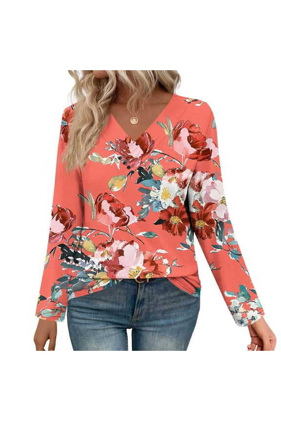 T Shirts Women V-Neck Long Sleeve Womens Plus Size Tops Fancy Floral Red Loose Party Dressy Shirts,XXL