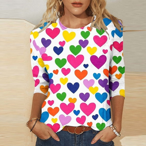 VgaVtl T Shirts Women Valentines 3/4 Sleeve Women's Shirts Tunic Heart-shaped White Leisure Loose Festivals Tops
