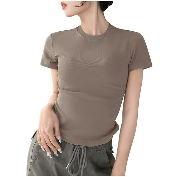 VgaVtl T-Shirts Womens Cotton Short Sleeve Tops Women Yoga Single Workout Tight Layering Casual Tops,Brown XXL