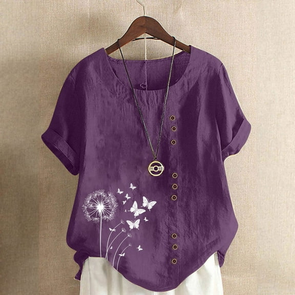 VgaVtl T-Shirts Womens Plus Size Cotton Linen Short Sleeve Tops for Women Comfortable Camping Butterfly Print Casual Tops,Purple L