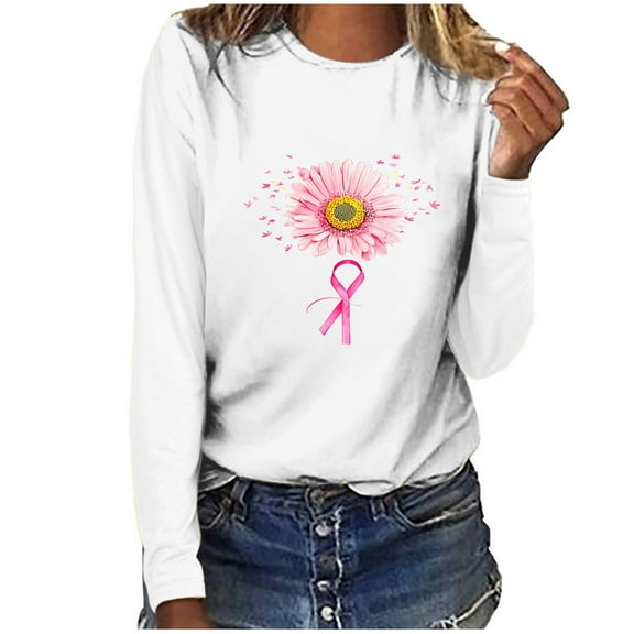 VgaVtl T-Shirts Womens Plus Size Long Sleeve Breast Cancer Womens Tops Vacation White Casual Loose Graphic Shirts,M
