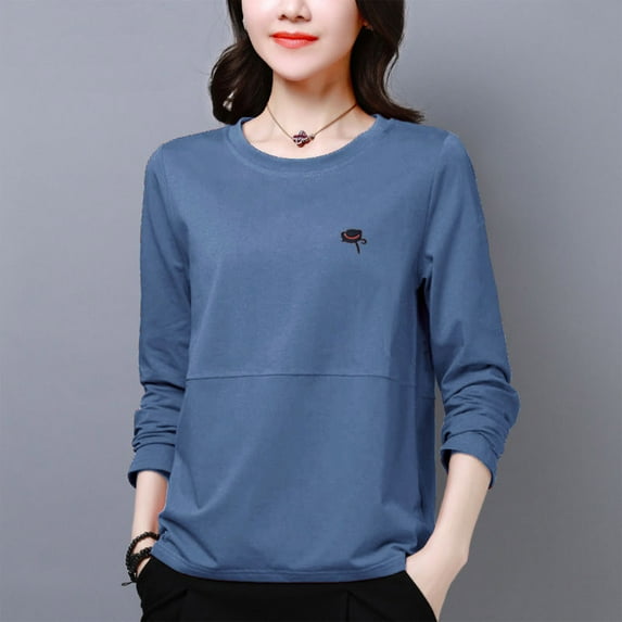 VgaVtl T-Shirts Womens Plus Size Long Sleeve Fall Winter Ladies Tops Layering Workout Casual Loose Blue Solid Color Shirts,L