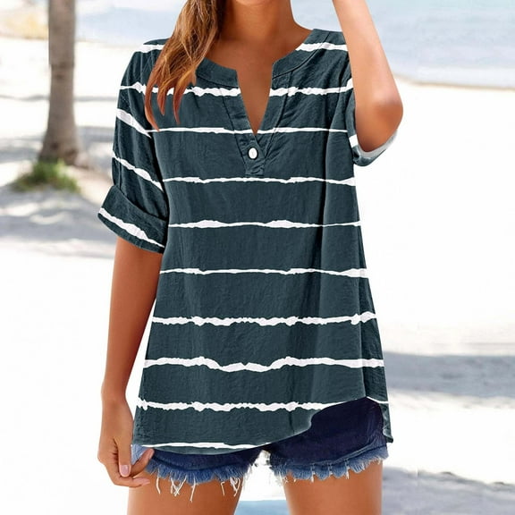 VgaVtl T-Shirts Womens Plus Size Short Sleeve V-Neck Tops Women Oversized Striped Camping Casual Button Classy Shirts,Gray L