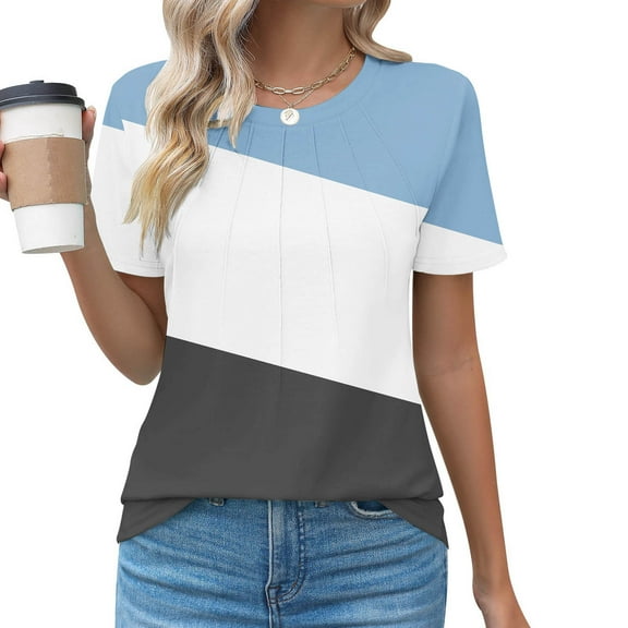 VgaVtl T-Shirts Womens Plus Size Tunic Short Sleeve Womens Plus Size Tops Relaxed Fit Camping Color Block Elegant Shirts,Blue S