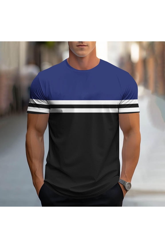 T Shirts for Men Big and Tall Summer Short Sleeve Clothes for Men Basic Running Blue Striped Casual Loose Tops