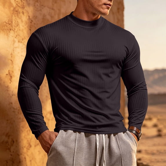 VgaVtl T Shirts for Men Long Sleeve Turtleneck Fall Winter Slim Black Fitness Layering Leisure Tops for Men Stretch