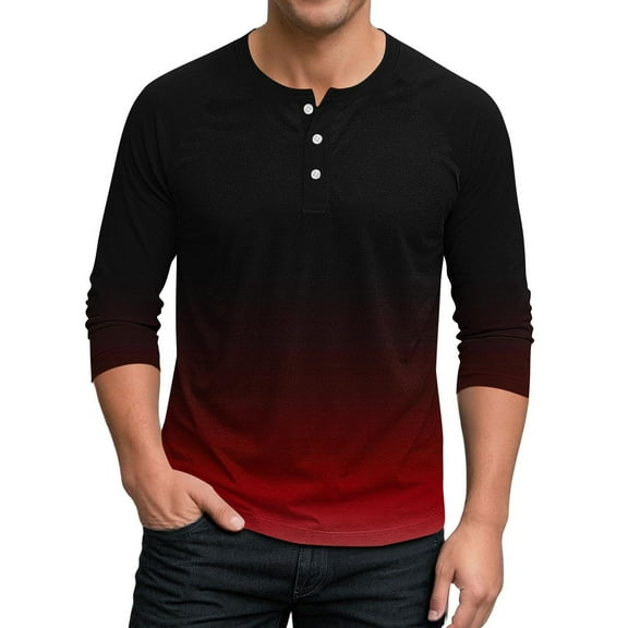 VgaVtl T Shirts for Men Red 3/4 Sleeve Clothing for Men Henley Loose Casual Workout Half Button Gradient Color Shirts,3XL